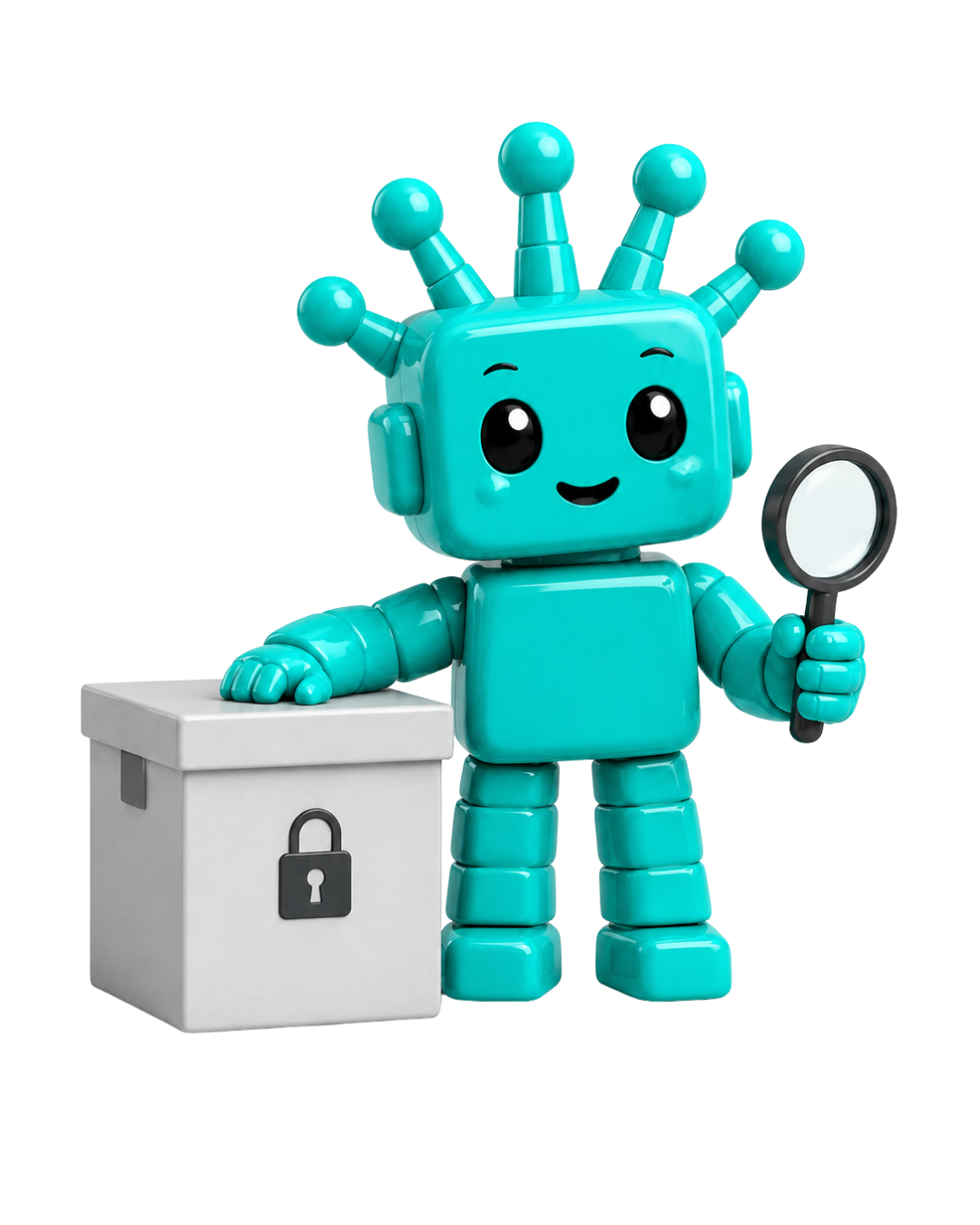 Teal robot mascot inspecting a locked legal box with a magnifying glass