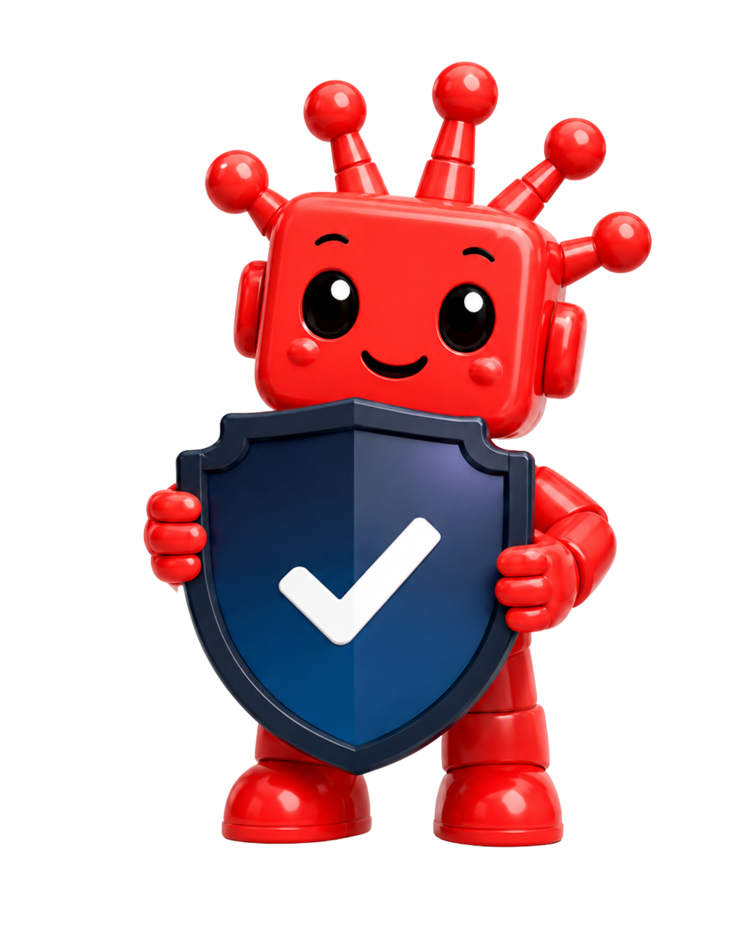 Red Resora mascot holding a teal protection shield with a white check