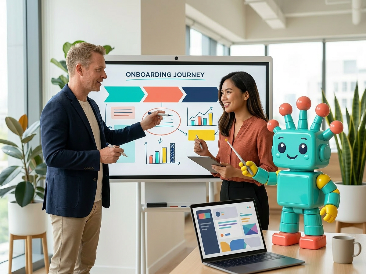 Teal Resora mascot presenting compliance and HR data on a whiteboard