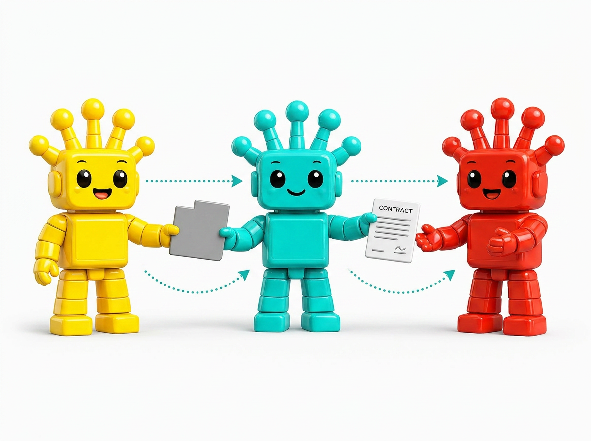 Three Resora mascots — client, Resora, team member — connected by glowing flow arrows