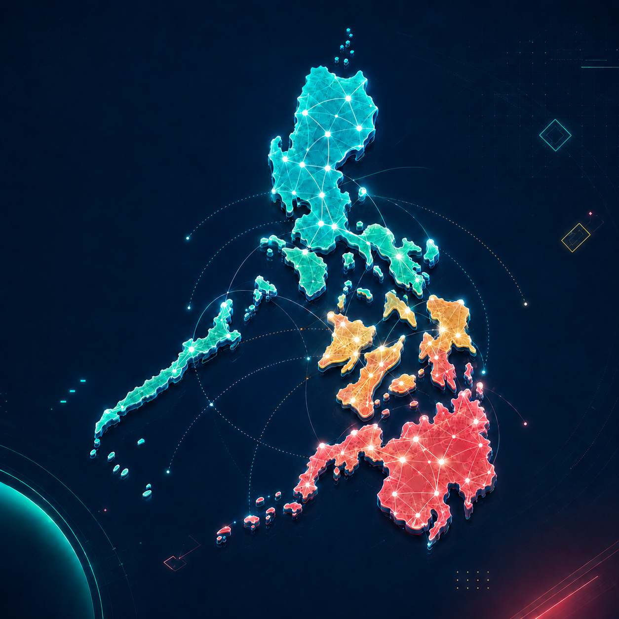 Glowing map of the Philippines highlighting Luzon, Visayas and Mindanao